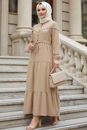 Kat Piliseli Camel Tesettür Elbise 10334C - N.S NEVA STYLE