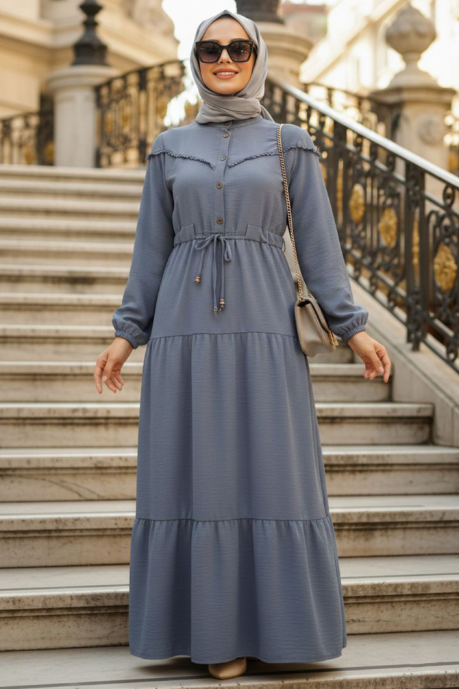 Kat Piliseli Füme Tesettür Elbise 10334FU - 1