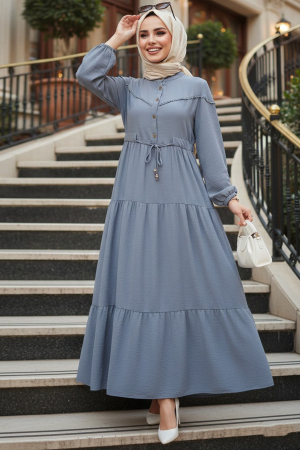 Kat Piliseli Gri Tesettür Elbise 10334GR 