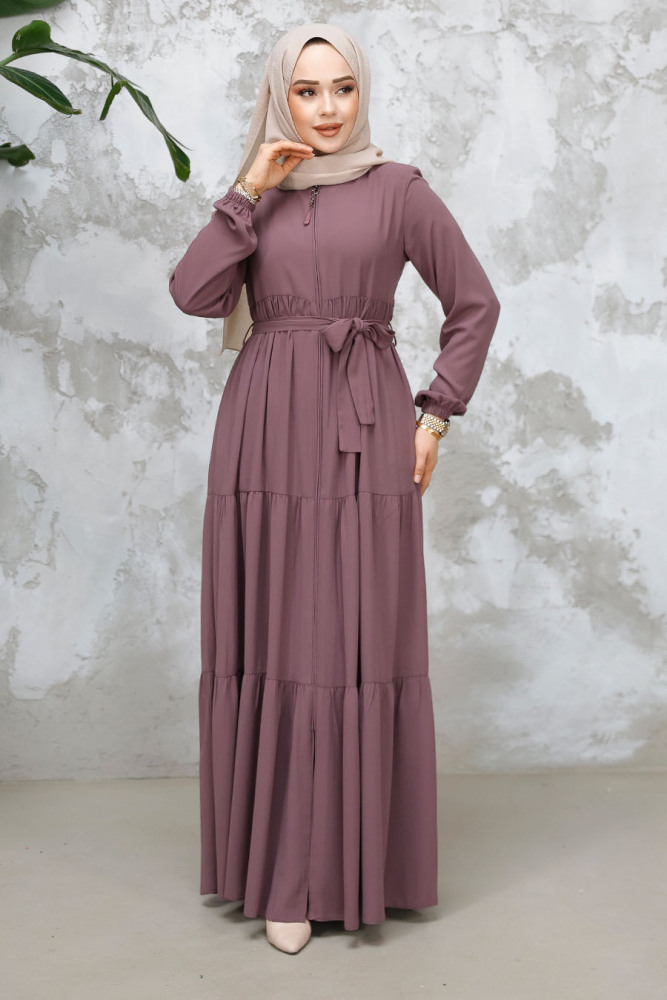 Kat Piliseli Gül Kurusu Tesettür Abaya 80781GK - 4
