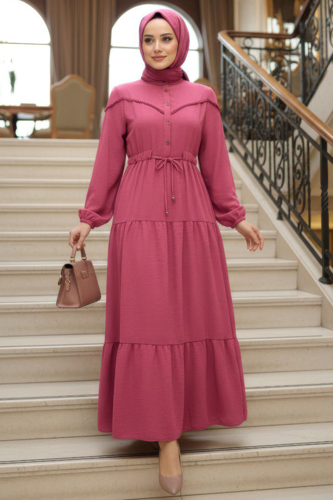 Kat Piliseli Koyu Gül Kurusu Tesettür Elbise 10334KGK - 1