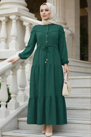 Kat Piliseli Zümrüt Yeşili Tesettür Elbise 10334ZY 