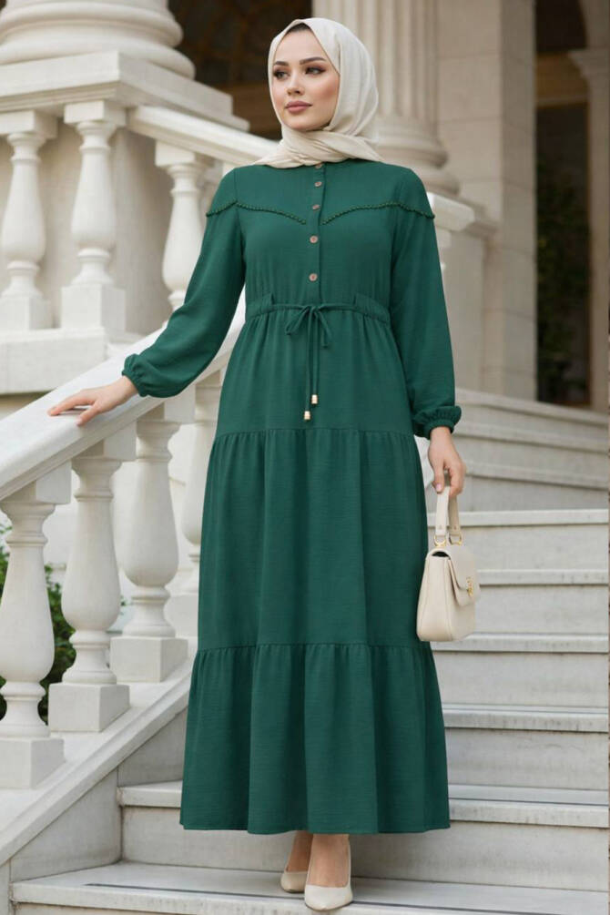 Kat Piliseli Zümrüt Yeşili Tesettür Elbise 10334ZY - 1