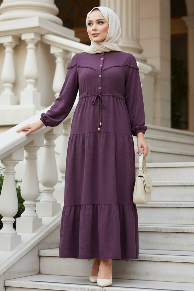 Kat Piliseli Koyu Mürdüm Tesettür Elbise 10334KMU - 1