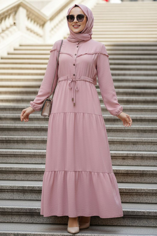 Kat Piliseli Koyu Pudra Tesettür Elbise 10334KPD - 1