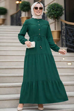 Kat Piliseli Koyu Yeşil Tesettür Elbise 10334KY - N.S NEVA STYLE