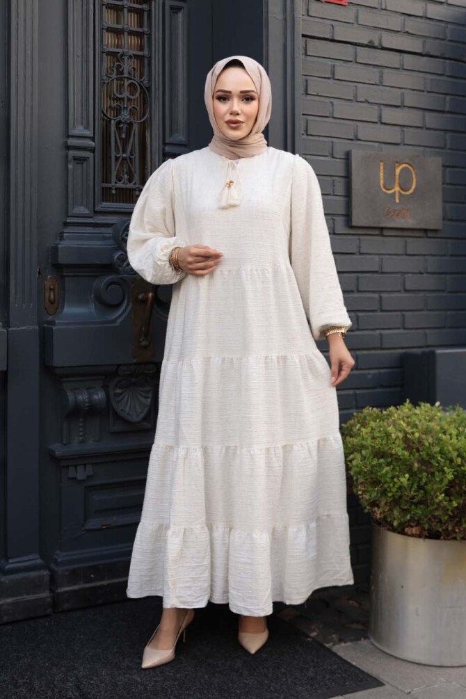 Kat Piliseli Krem Tesettür Elbise 19046KR - 2