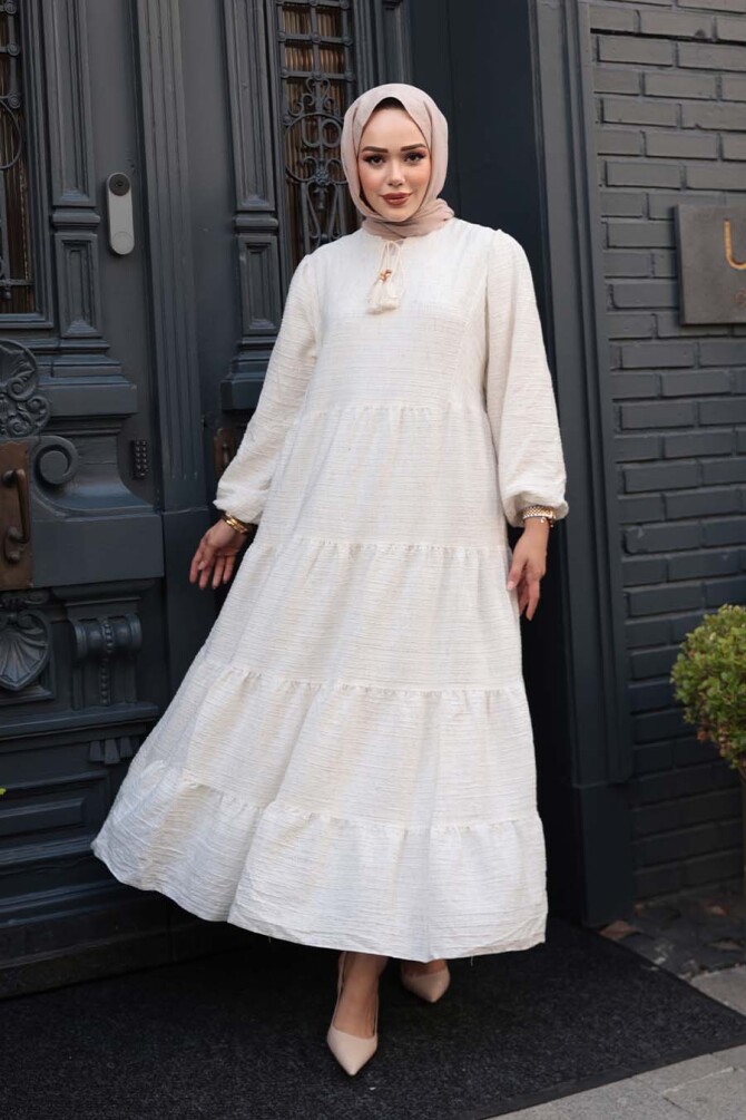 Kat Piliseli Krem Tesettür Elbise 19046KR - 1