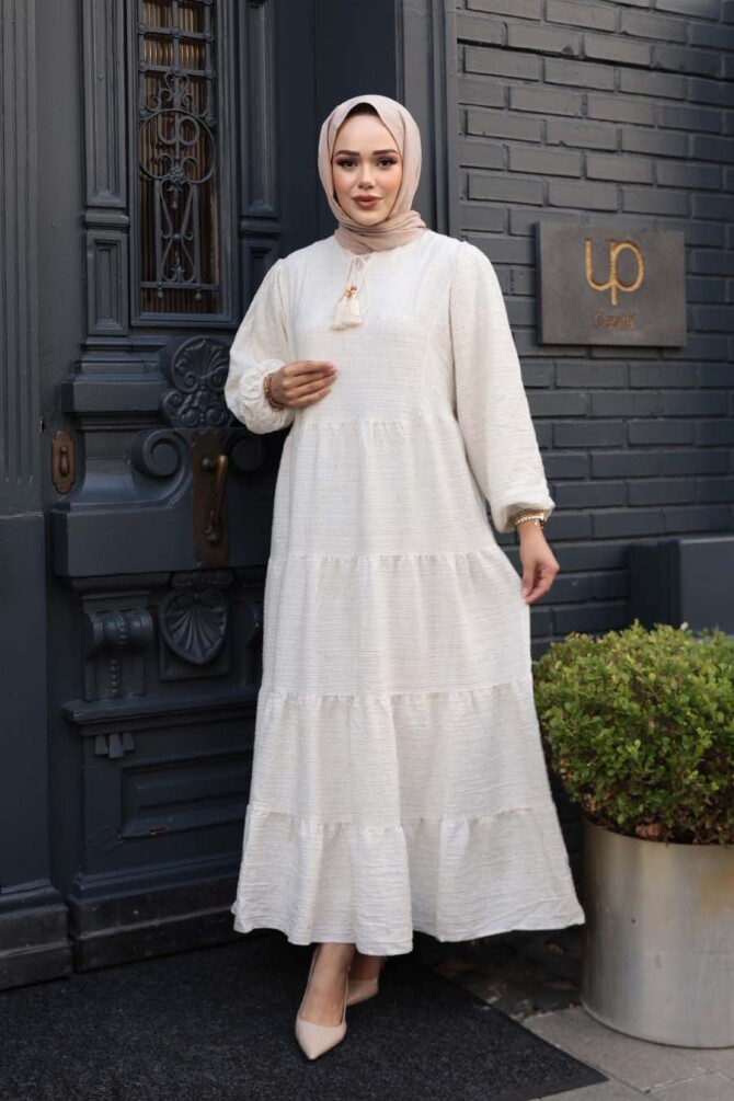 Kat Piliseli Krem Tesettür Elbise 19046KR - 3