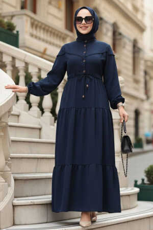 Kat Piliseli Lacivert Tesettür Elbise 10334L - 1