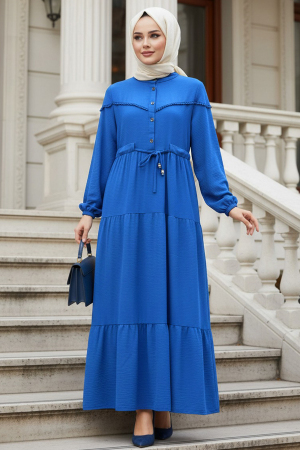 Kat Piliseli Sax Mavisi Tesettür Elbise 10334SX 