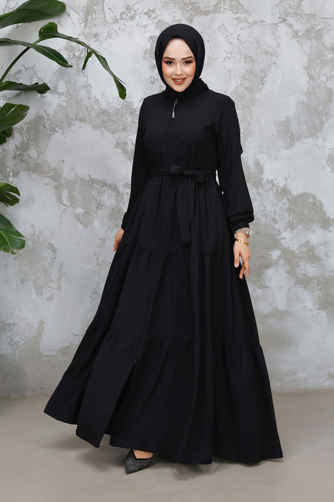 Kat Piliseli Siyah Tesettür Abaya 80781S - 1