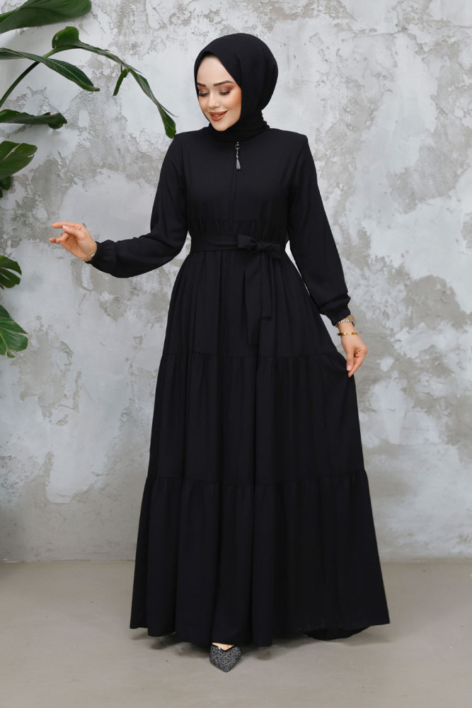 Kat Piliseli Siyah Tesettür Abaya 80781S - 3