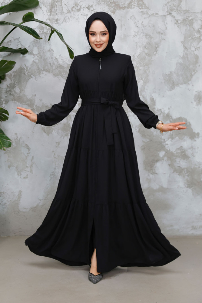 Kat Piliseli Siyah Tesettür Abaya 80781S - 2