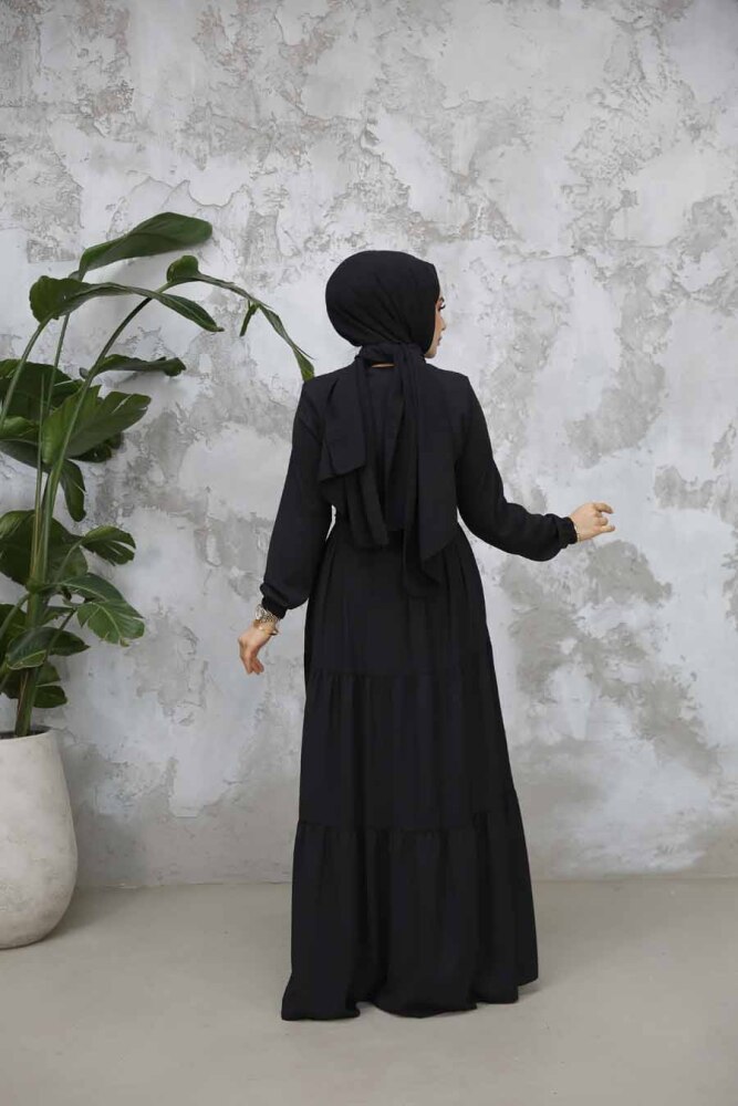 Kat Piliseli Siyah Tesettür Abaya 80781S - 4