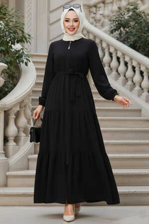 Kat Piliseli Siyah Tesettür Abaya 80781S - 1