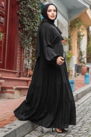 Kat Piliseli Siyah Tesettür Elbise 10216S - Thumbnail