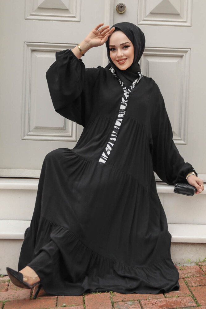 Kat Piliseli Siyah Tesettür Elbise 10244S - 3