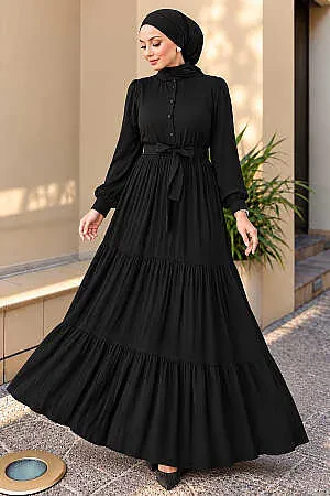 Kat Piliseli Siyah Tesettür Elbise 22042S - NEVA STYLE
