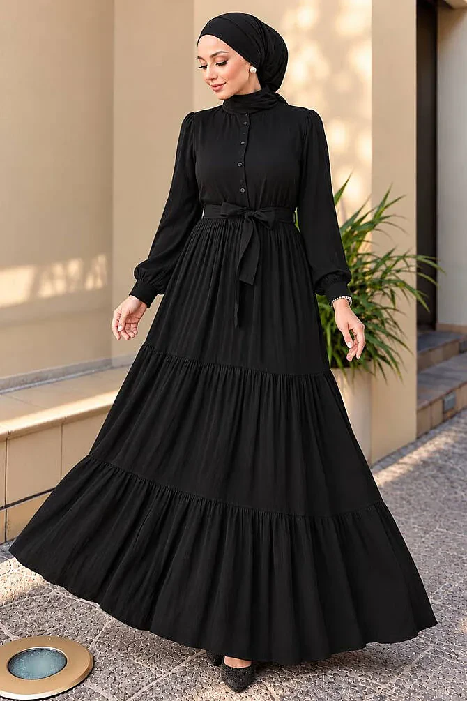 Kat Piliseli Siyah Tesettür Elbise 22042S - NEVA STYLE