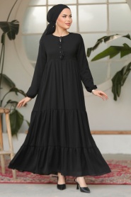 Kat Piliseli Siyah Tesettür Elbise 22051S - Thumbnail