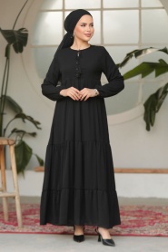 Kat Piliseli Siyah Tesettür Elbise 22051S - Thumbnail