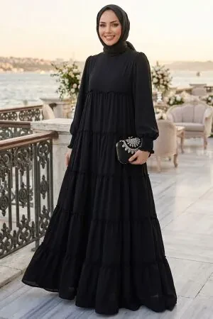 Kat Piliseli Siyah Tesettür Elbise 87502S - 1