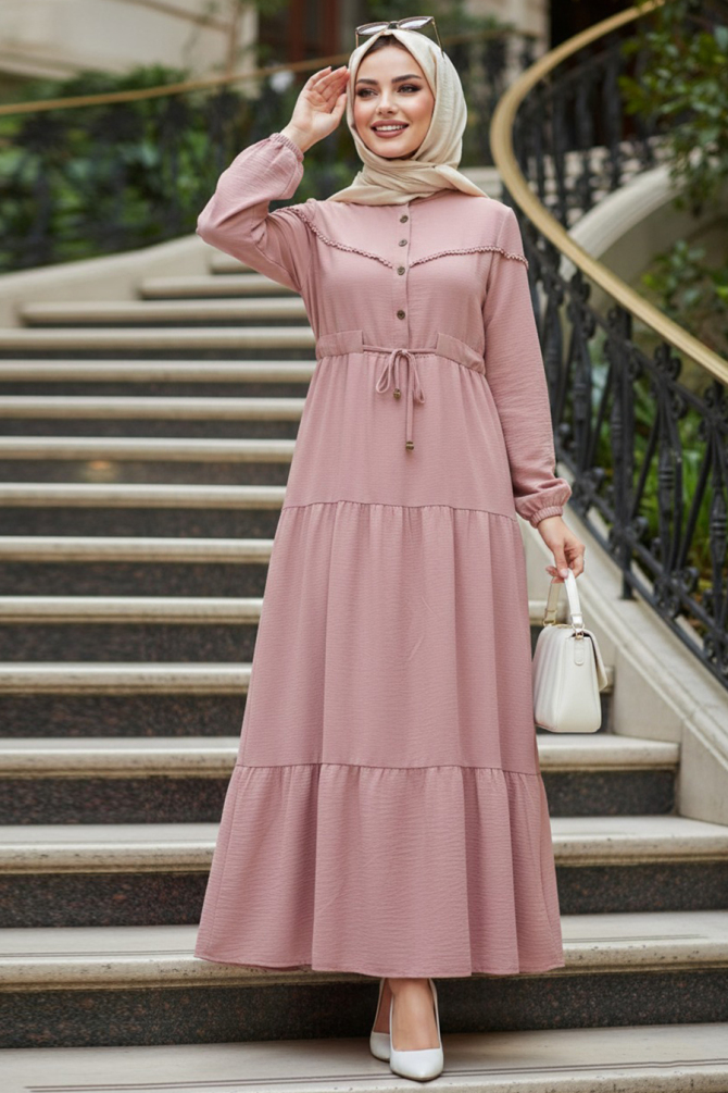 Kat Piliseli Somon Tesettür Elbise 10334SMN - 1