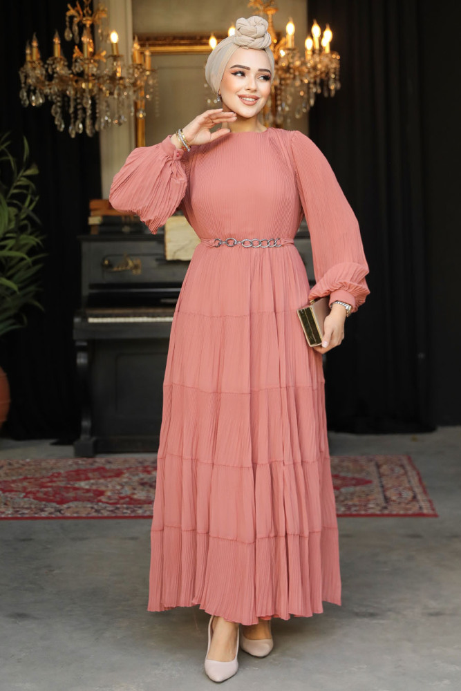 Kat Piliseli Somon Tesettür Elbise 44761SMN - 1