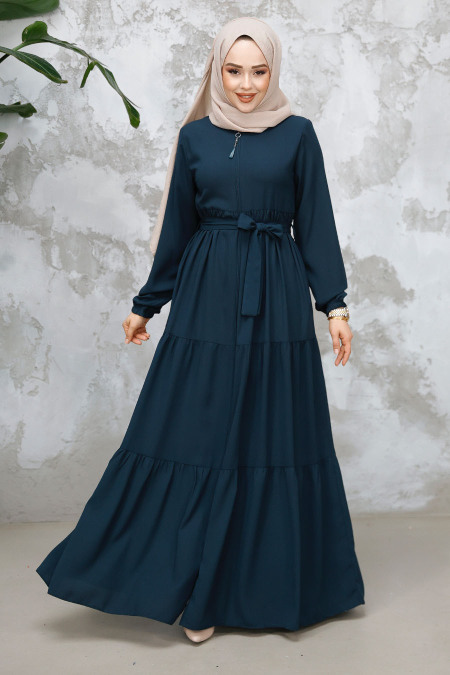 Kat Piliseli Zümrüt Yeşili Tesettür Abaya 80781ZY - 1