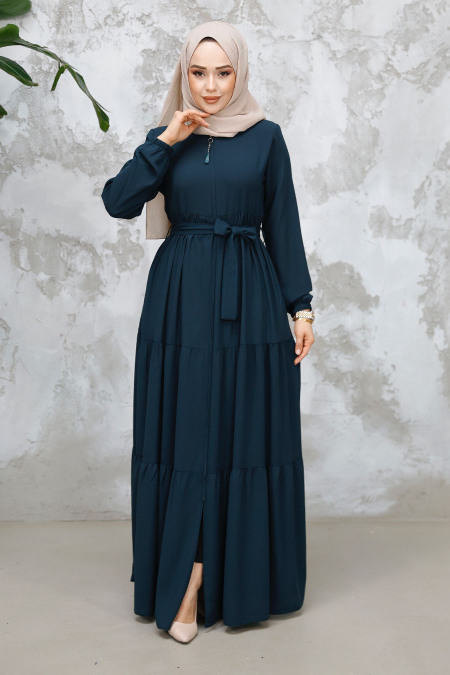 Kat Piliseli Zümrüt Yeşili Tesettür Abaya 80781ZY - 2