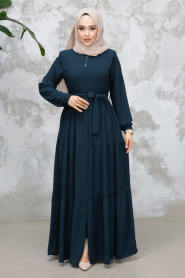 Kat Piliseli Zümrüt Yeşili Tesettür Abaya 80781ZY - 3