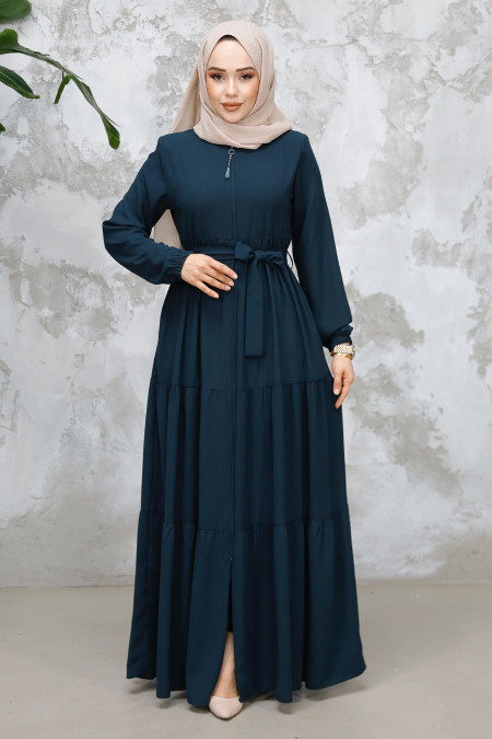 Kat Piliseli Zümrüt Yeşili Tesettür Abaya 80781ZY - 3