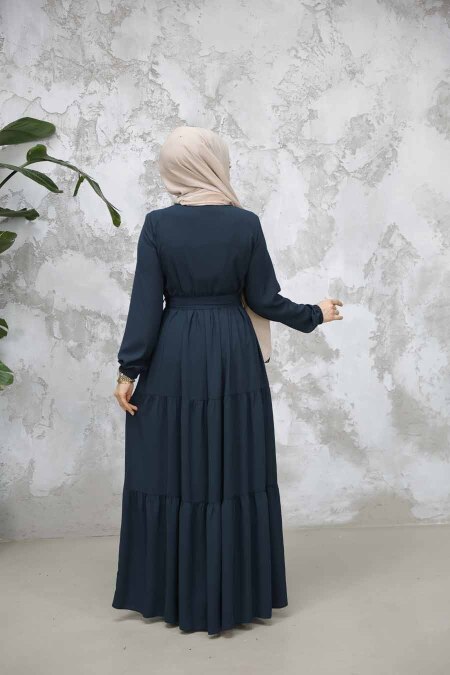 Kat Piliseli Zümrüt Yeşili Tesettür Abaya 80781ZY - 4