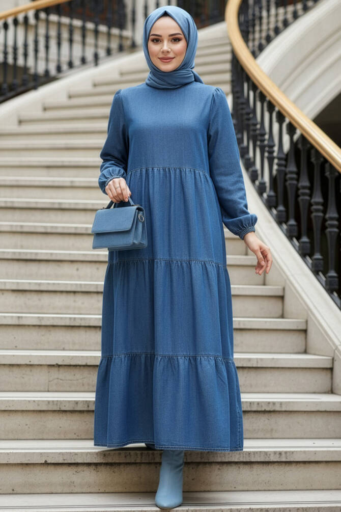 Kat Pliseli Koyu Mavi Tesettür Kot Elbise 19164KM - 1