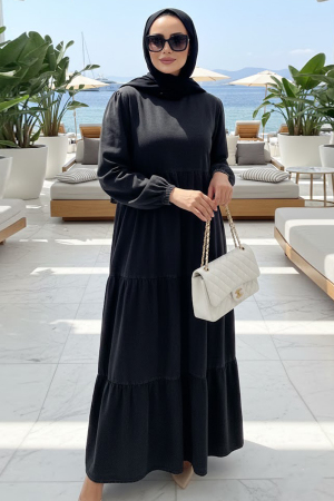 Kat Pliseli Siyah Tesettür Kot Elbise 19164S 