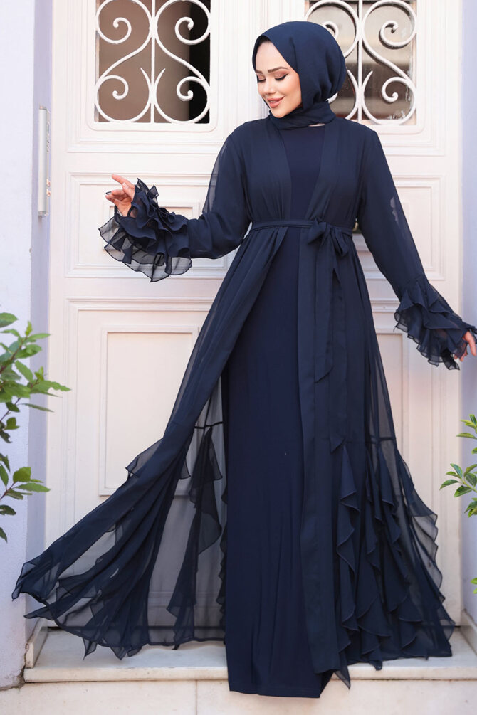 Kat Volanlı Lacivert Tesettür Abaya Elbise 25904L - 1