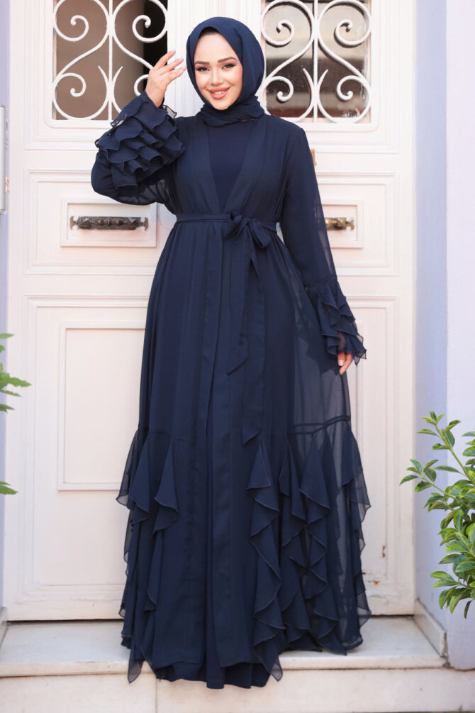 Kat Volanlı Lacivert Tesettür Abaya Elbise 25904L - 3