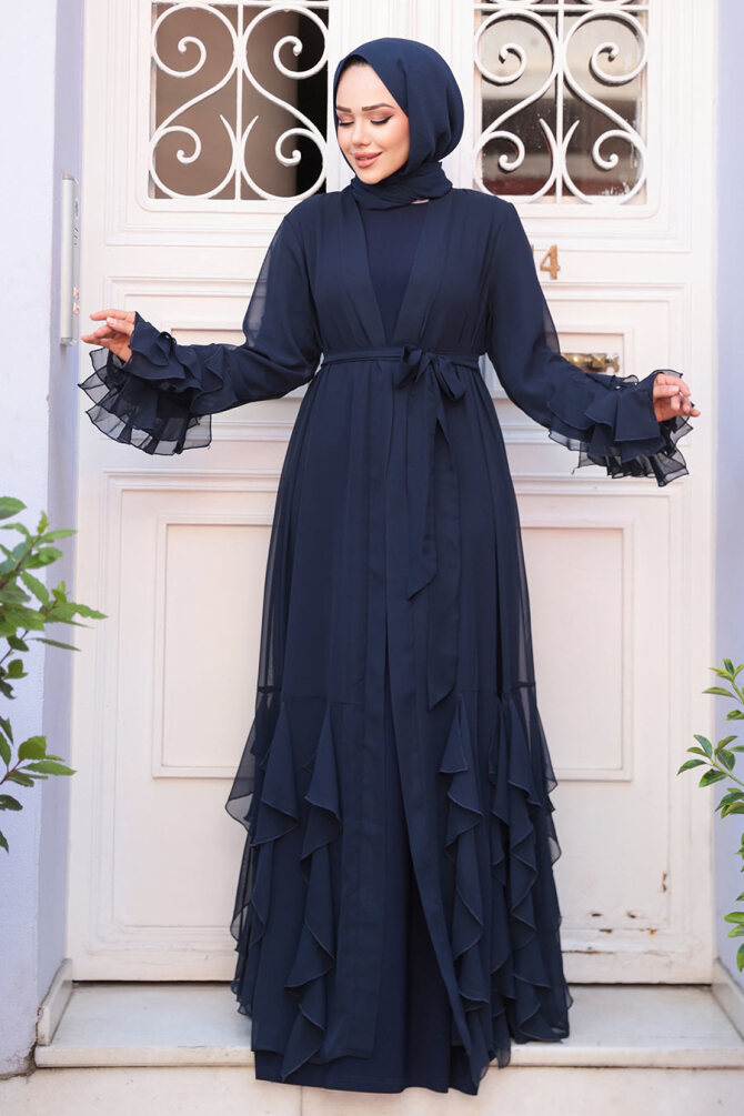 Kat Volanlı Lacivert Tesettür Abaya Elbise 25904L - 4