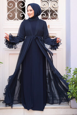 Kat Volanlı Lacivert Tesettür Abaya Elbise 25904L - 2