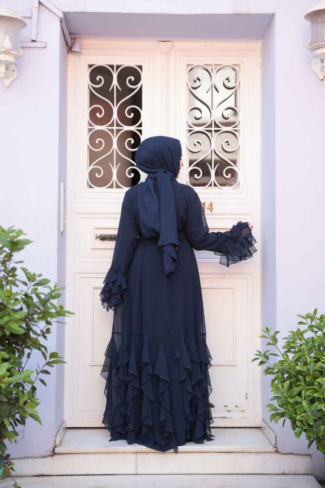 Kat Volanlı Lacivert Tesettür Abaya Elbise 25904L - 5