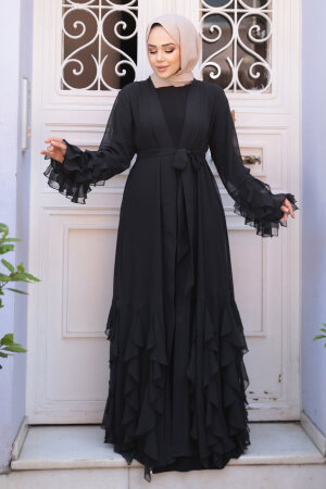 Kat Volanlı Siyah Tesettür Abaya Elbise 25904S 