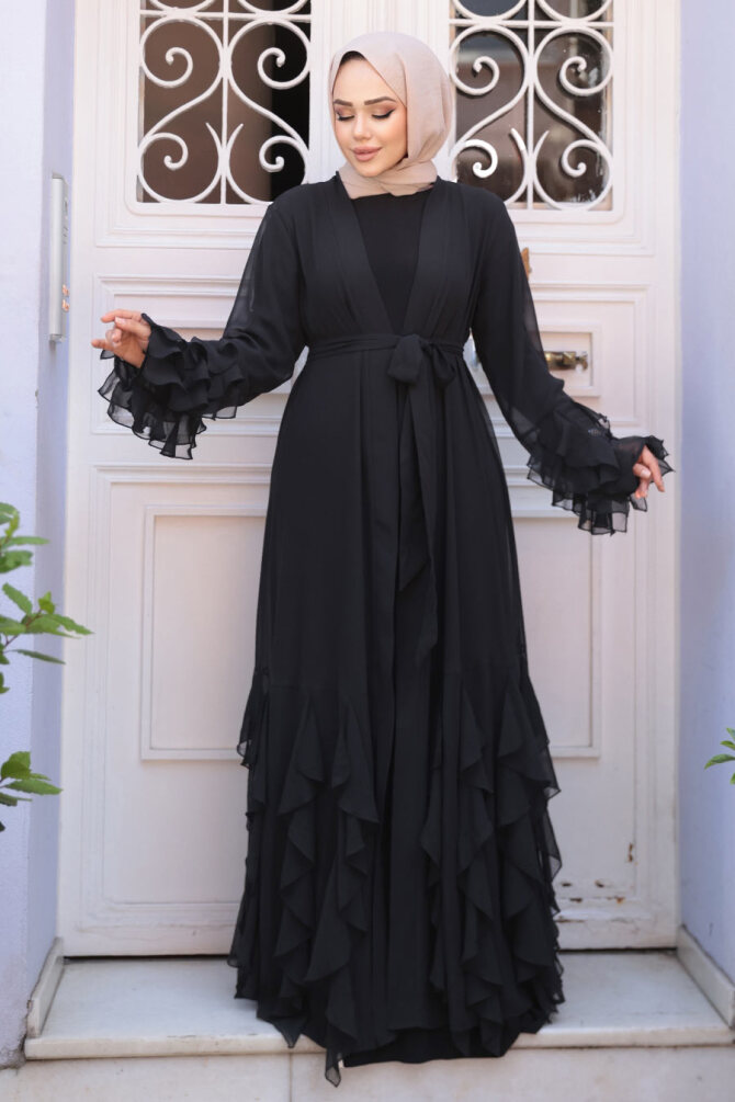Kat Volanlı Siyah Tesettür Abaya Elbise 25904S - 1