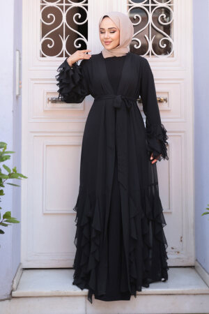 Kat Volanlı Siyah Tesettür Abaya Elbise 25904S - 2