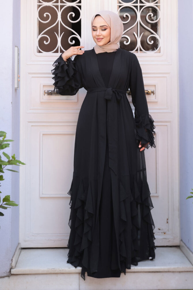 Kat Volanlı Siyah Tesettür Abaya Elbise 25904S - 2