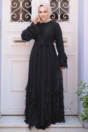 Kat Volanlı Siyah Tesettür Abaya Elbise 25904S - 3