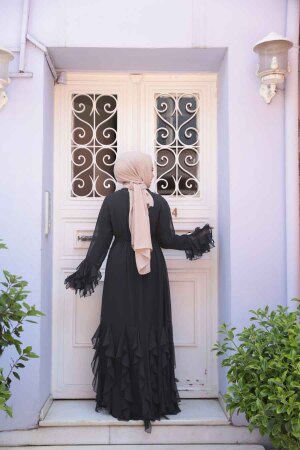 Kat Volanlı Siyah Tesettür Abaya Elbise 25904S - 4