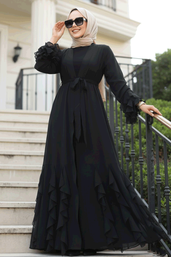 Kat Volanlı Siyah Tesettür Abaya Elbise 25904S - 1