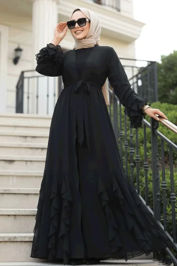 Kat Volanlı Siyah Tesettür Abaya Elbise 25904S - 1