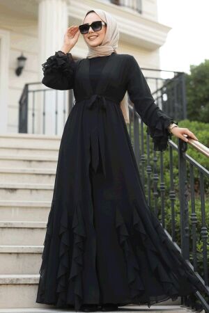Kat Volanlı Siyah Tesettür Abaya Elbise 25904S - 1